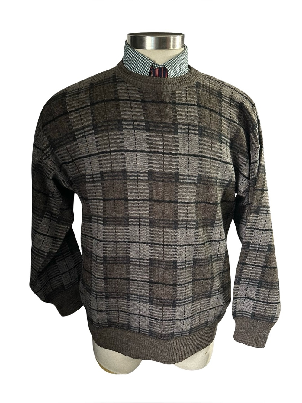 Methode Made in Italy Mens Brown Plaid Wool Blend Crewneck Knit Sweater Sz M